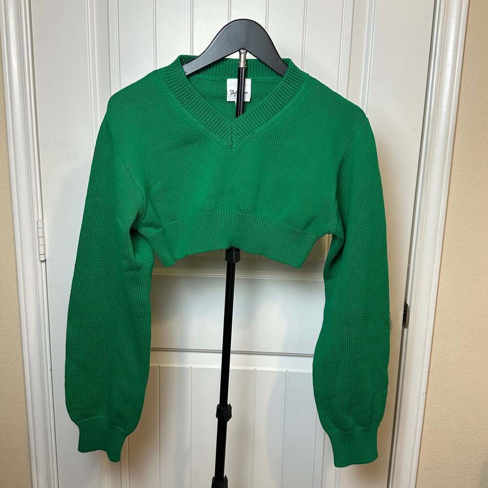 Anthropologie Sky  to Moon Ribbed Cropped Knit Sweater Medium Green